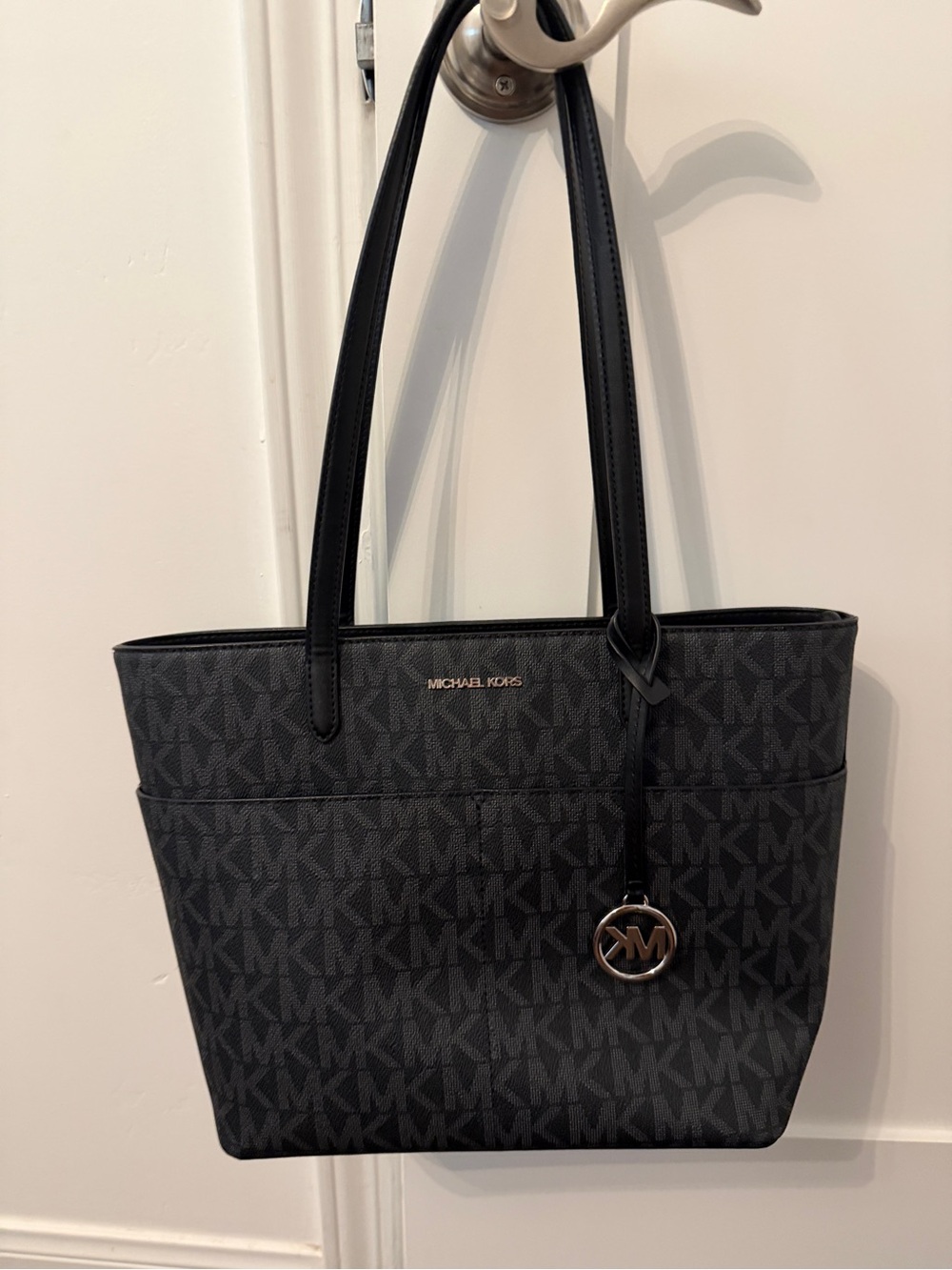 Michael Kors Black/Gray Signature Tote with Gold MK Charm